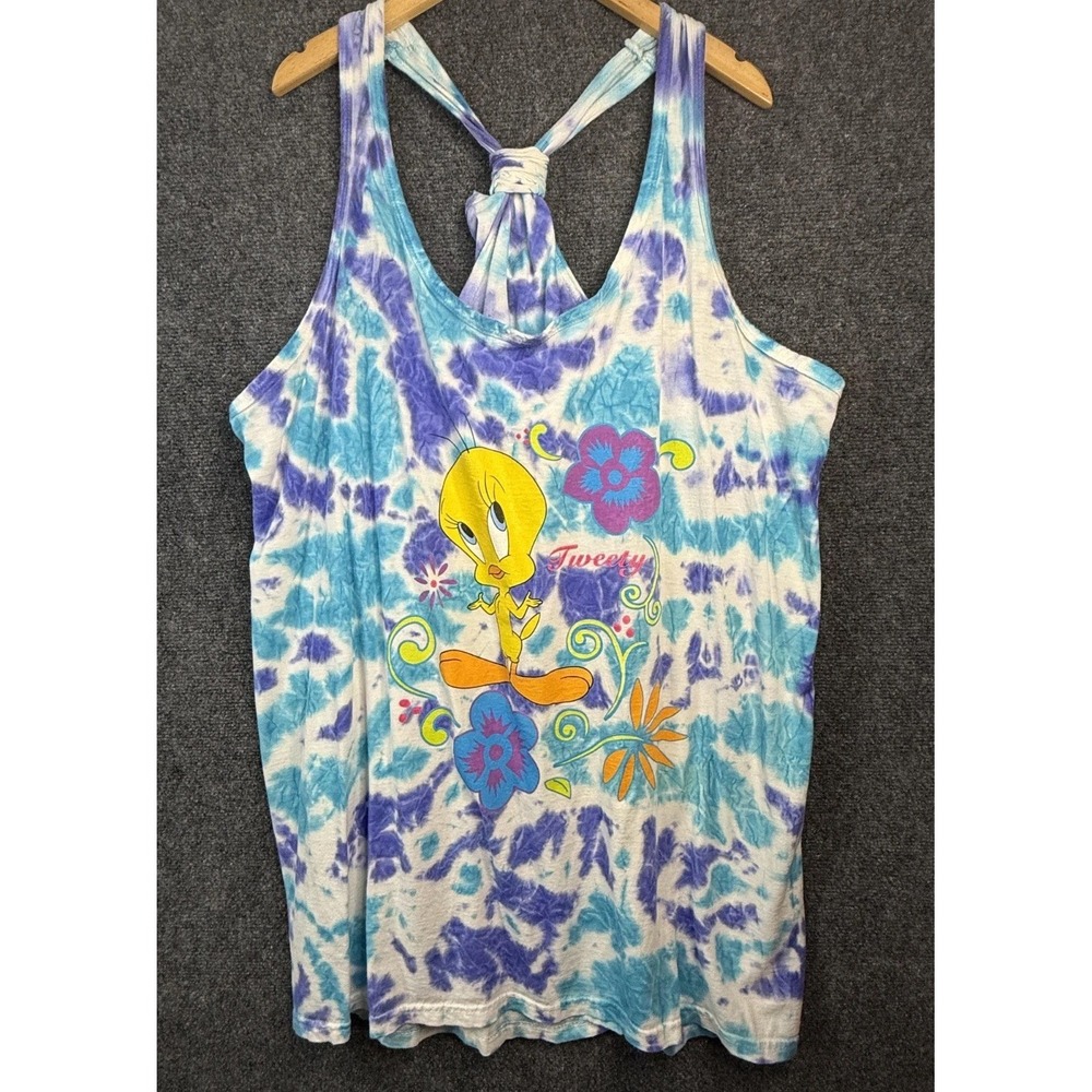 Looney Tunes Tweety Bird Tank Top Women's One Size Blue Tie Dye Knot Racerback